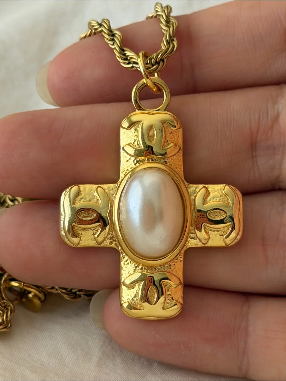 Gold Chanel Cross CC Pendant Necklace with Pearl Center